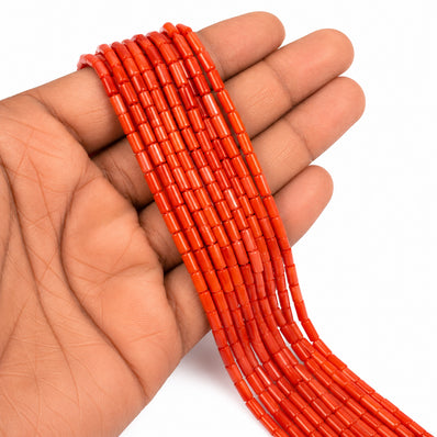 Natural Bamboo Coral Tube Beads 4x7mm | Taiwan Made | Bright Coral Red Cylinder Loose Gemstone Beads | Approx. 65 Beads Per Strand | Premium Jewelry Making Supplies