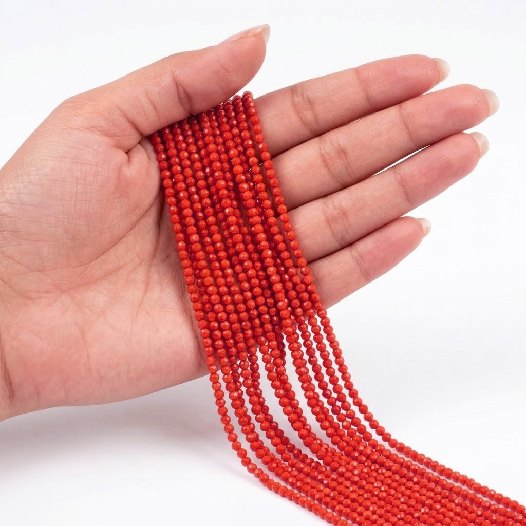 Natural Taiwan Bamboo Coral Beads 2mm Faceted Round  Red Beads | Approx. 180 Beads Per Strand | Gemstone Beads for Jewelry Making
