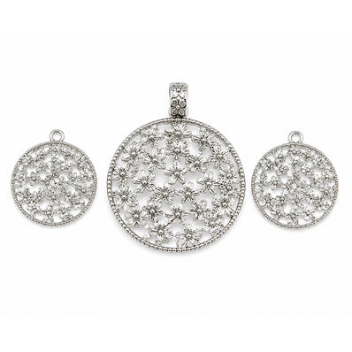 Large Round Floral Filigree Pendant Set – Shiny Silver DIY Jewelry Making Charm | 1 Pendant + 2 Matching Charms for earring