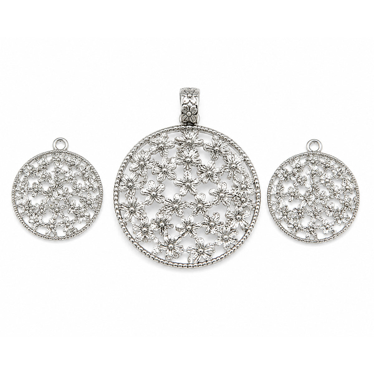 Large Round Floral Filigree Pendant Set – Shiny Silver DIY Jewelry Making Charm | 1 Pendant + 2 Matching Charms for earring