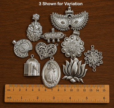 100 Grams Random Mix Big Size Shiny Silver Plated Metal Pendants & Charms | Assorted Jewelry Making Components | Sale Lot