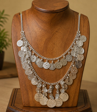 Bohemian Silver Coin Statement Necklace | Multi Layer Tribal Bib Necklace | Shiny Silver Look Fashion Jewelry for Women