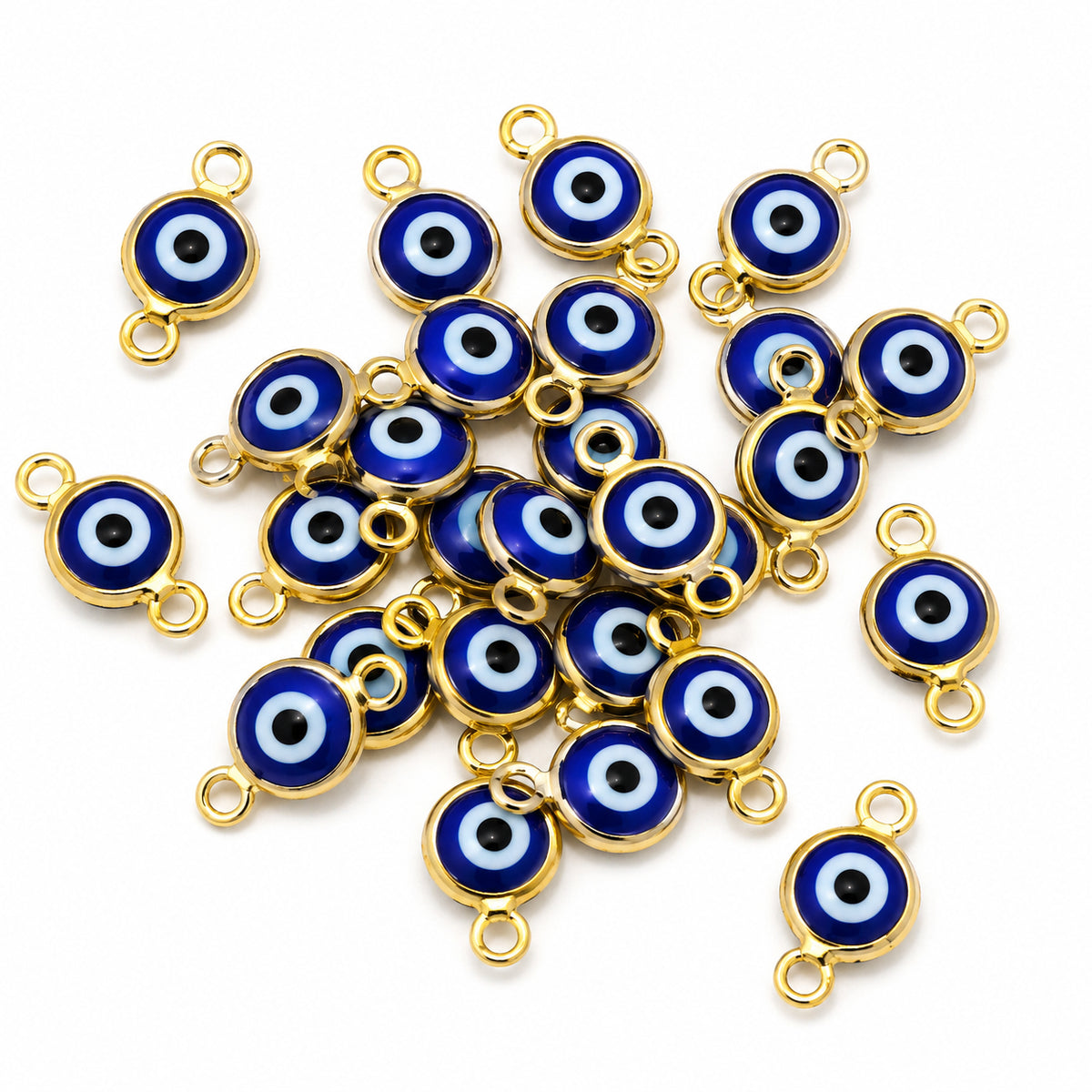 50 Pcs Blue Evil Eye Connector Charms, 6x12mm Gold Plated Double Loop Connector for DIY Jewelry Making