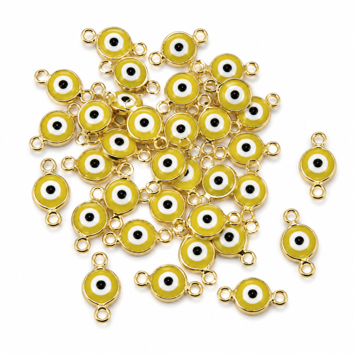 50 Pcs Yellow Evil Eye Connector Charms, 6x12mm Gold Plated Double Loop Connector for DIY Jewelry Making
