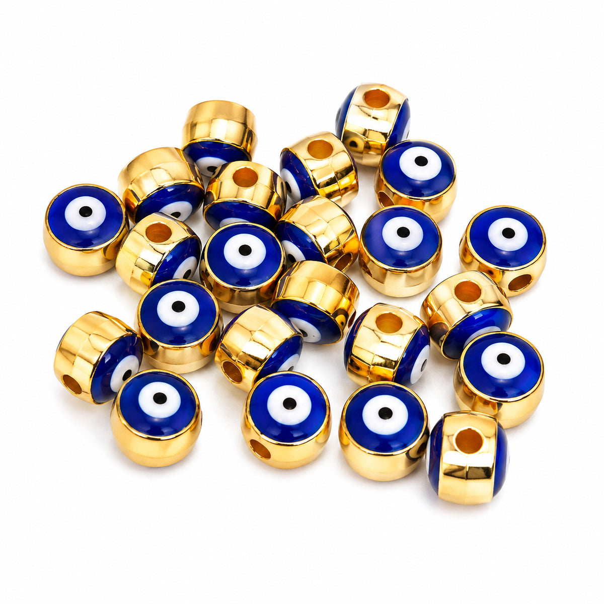 10 Pcs 8mm Gold Plated Evil Eye Round Spacer Beads | Blue Enamel Base Metal Beads for DIY Jewelry Making