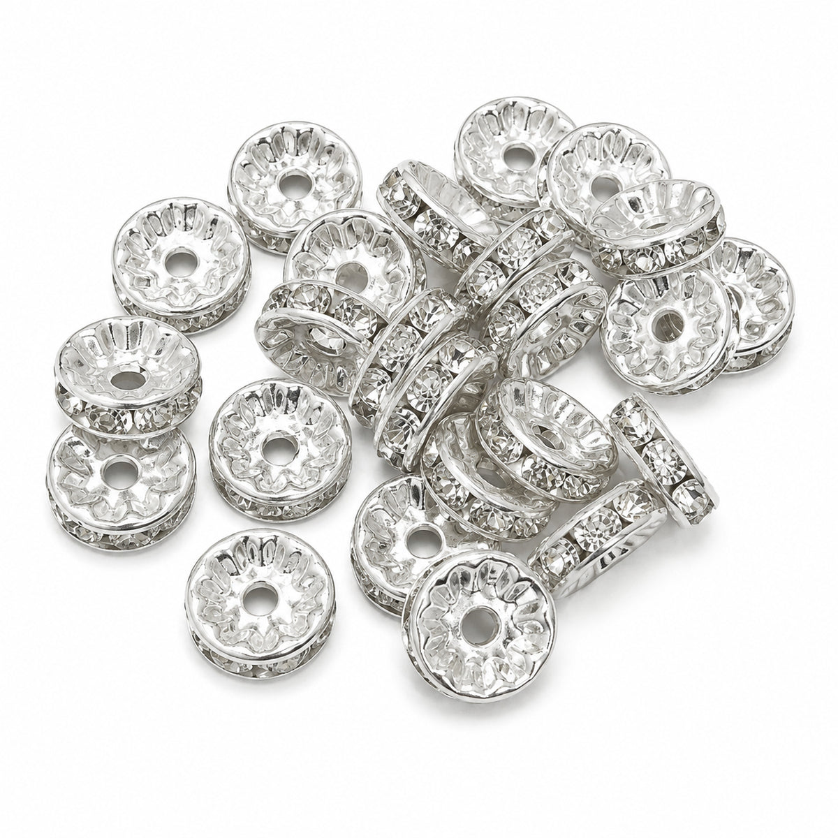 20 Pcs 10mm Silver Rhinestone Spacer Beads | Crystal Rondelle Spacer Beads for Jewelry Making
