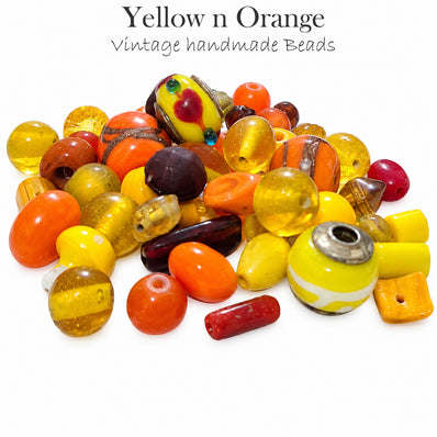 200 Grams Vintage Handmade Glass Beads Mix – Assorted Shapes & Uneven Sizes Yellow tone