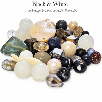 200 Grams Vintage Handmade Glass Beads Mix – Assorted Shapes & Uneven Sizes Black & White
