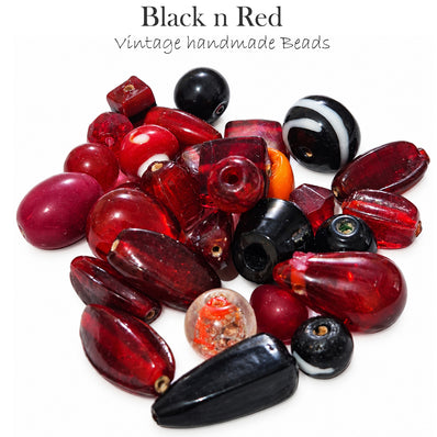 200 Grams Vintage Handmade Glass Beads Mix – Assorted Shapes & Uneven Sizes Red & Black