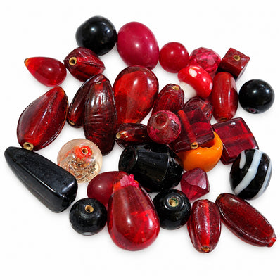 200 Grams Vintage Handmade Glass Beads Mix – Assorted Shapes & Uneven Sizes Red & Black