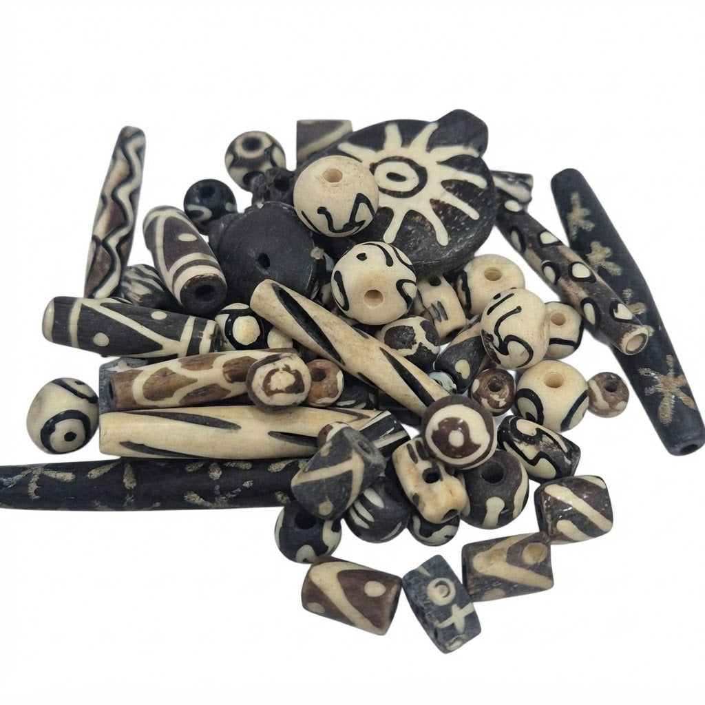 100pcs Pack Natural Bone Batik Bead Mix – Tribal Pattern Beads for Vintage Jewelry Making