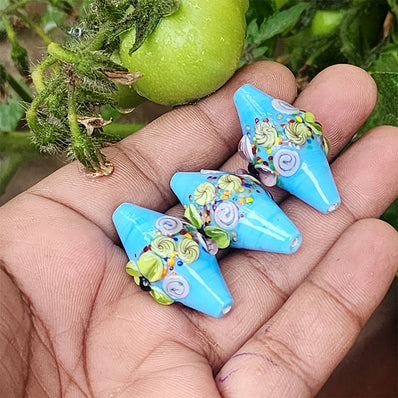 2 Pcs Artistic handmade lampwork flower decoration Turquoise color, size about 32x16mm