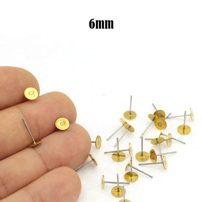 100pcs. (6mm)Raw Brass Stainless Steel Post, Pad, Stainless Steel Earring Posts With Raw Brass Flat Pad, Ear Studs