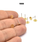 100pcs. (6mm)Raw Brass Stainless Steel Post, Pad, Stainless Steel Earring Posts With Raw Brass Flat Pad, Ear Studs