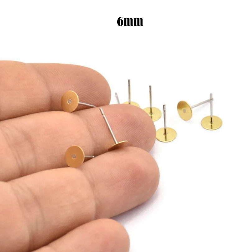 100pcs. (6mm)Raw Brass Stainless Steel Post, Pad, Stainless Steel Earring Posts With Raw Brass Flat Pad, Ear Studs