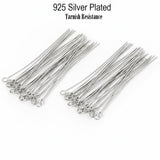 50 pcs head pins 38 inches long, tarnish Resistant Silver 925 plated on brass material