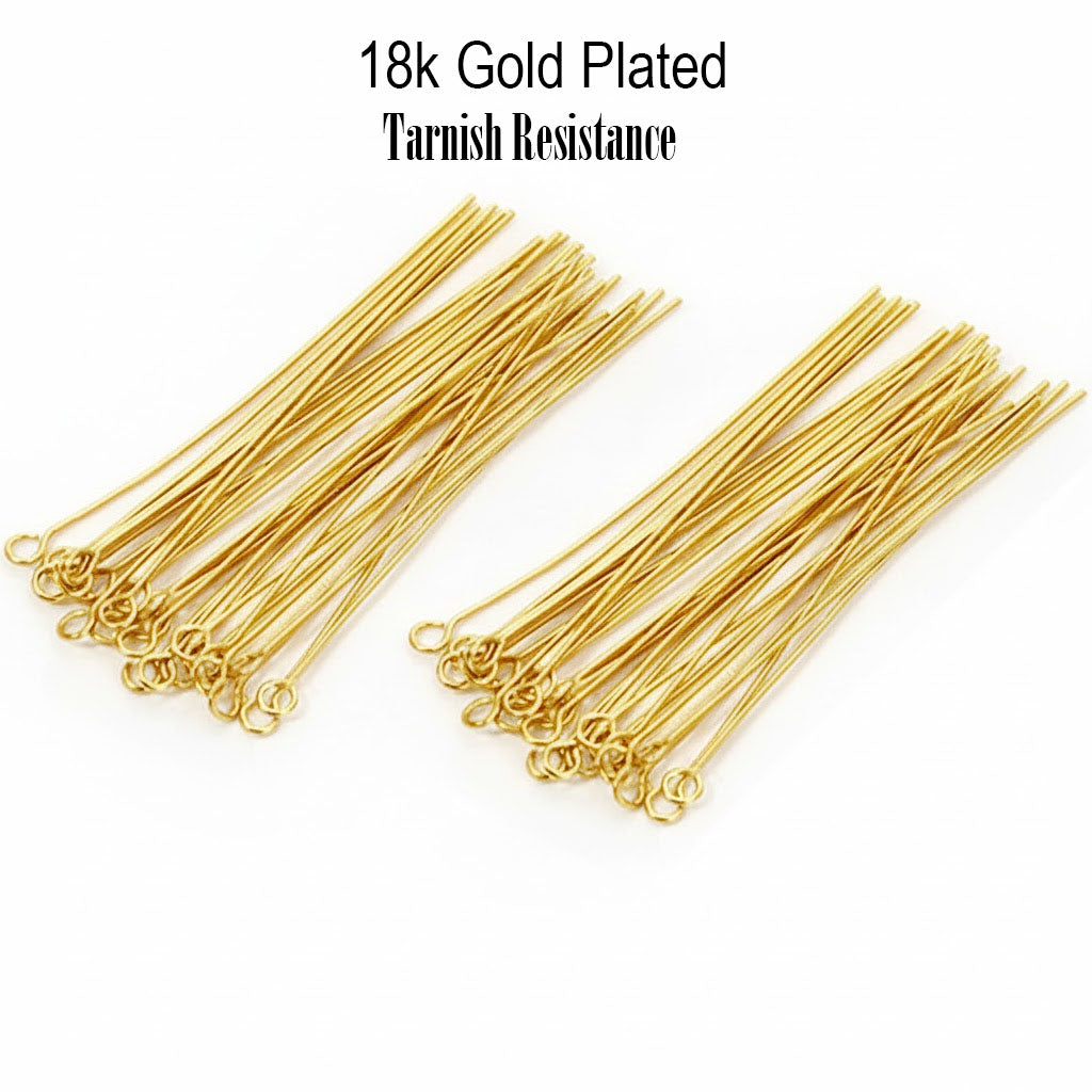 38mm Size,50 pcs Eye pins long, tarnish Resistant Gold plated on brass material