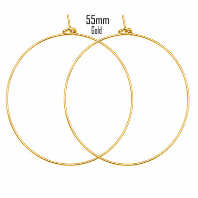 55mm Gold Plated Stainless Steel Wire Hoop Earring Making Findings Components – Pack of 40 Pieces (20 Pairs) | Thin Round Hoops for DIY Jewelry Making