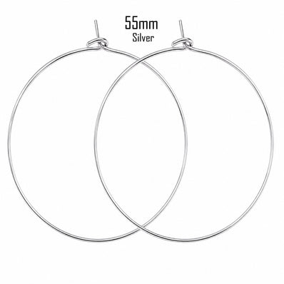 55mm Silver Plated Stainless Steel Wire Hoop Earring Making Findings Components – Pack of 40 Pieces (20 Pairs) | Thin Round Hoops for DIY Jewelry Making