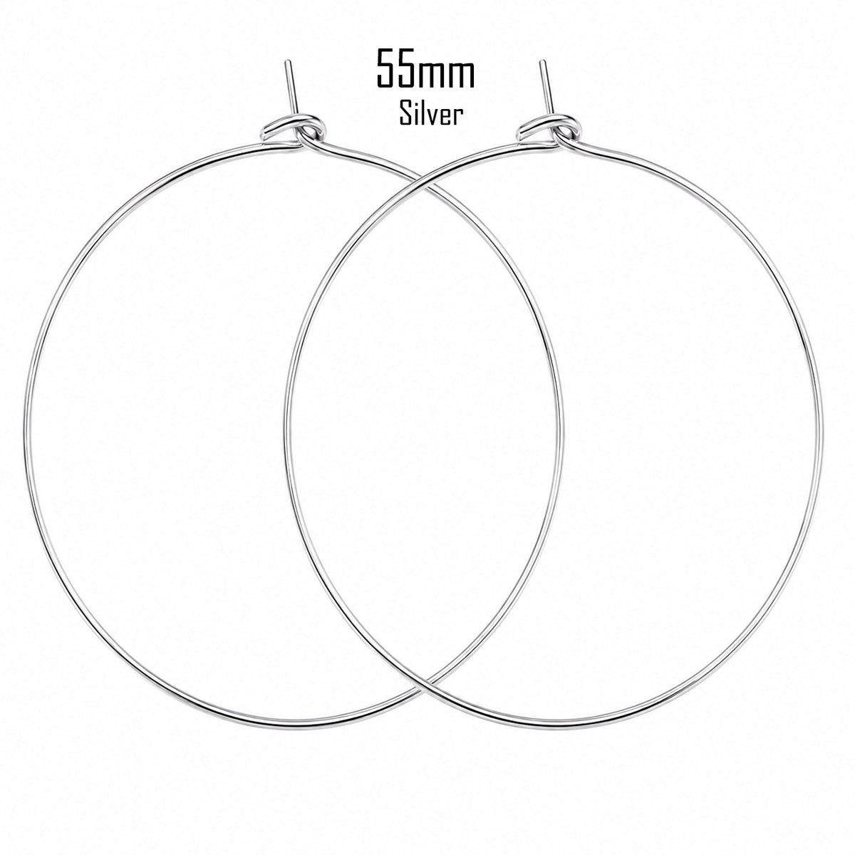 55mm Silver Plated Stainless Steel Wire Hoop Earring Making Findings Components – Pack of 40 Pieces (20 Pairs) | Thin Round Hoops for DIY Jewelry Making