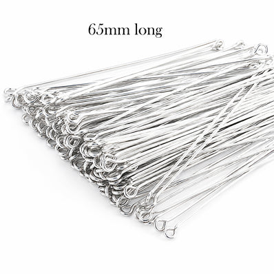 65mm Silver Shiny Plated Eye Pins for Jewelry Making, Iron Wire – 50 Grams Pack