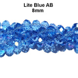 Light Blue AB Finish, Per Line 8 mm Faceted Transparent Rondelle Shaped Crystal Beads