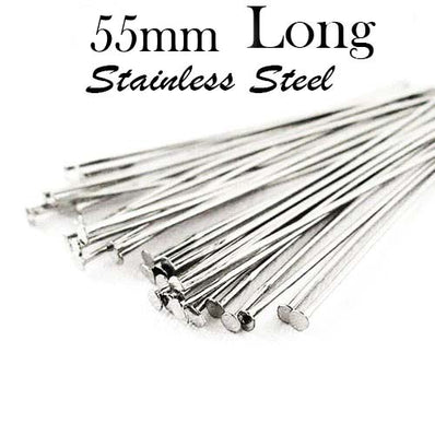 55MM LONG JEWELRY MAKING FINDINGS HEAD PINS FLAT STAINESS STEEL MATERIALS SOLD PER PACKAGE OF 50 GRAMS