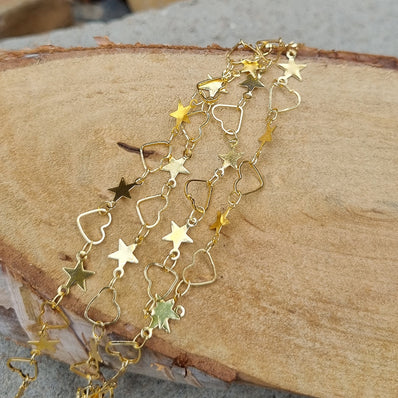 1 Meter Pack' Gold Plated Star and Heart Chain for jewelry making