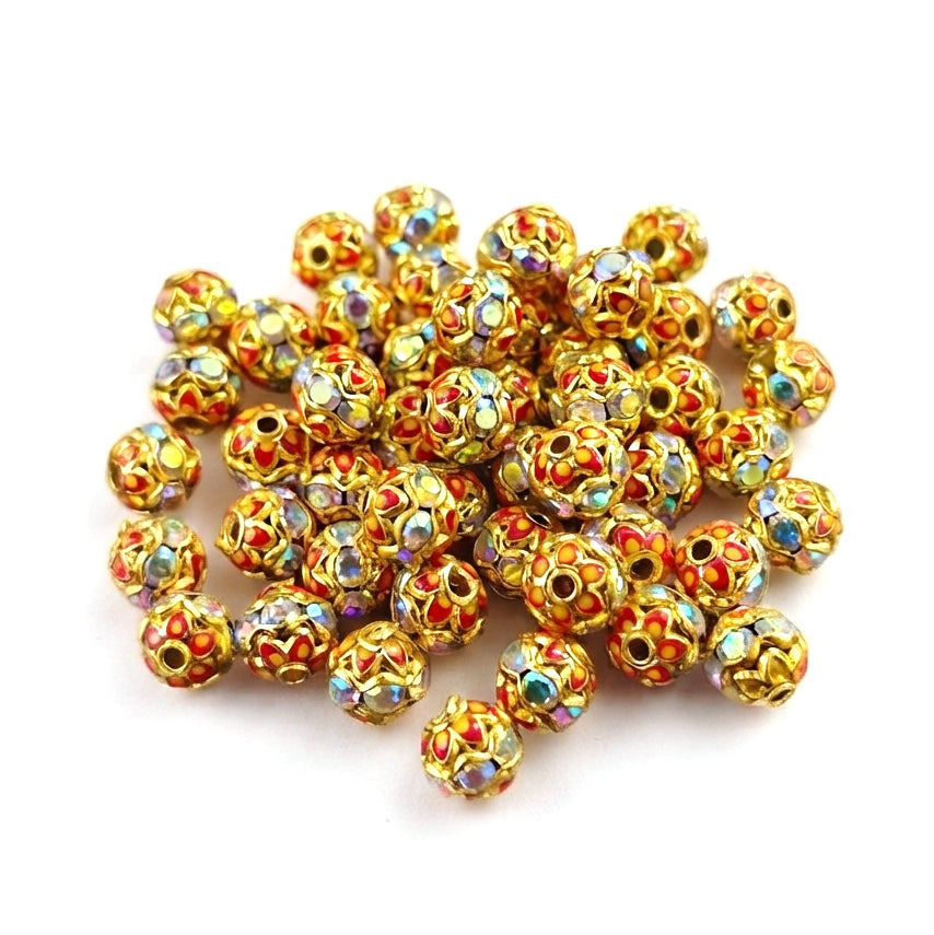 6mm Meenakari Rhinestone Ball Beads – Red & Gold Decorative Spacer Beads for Jewelry Making | 10 Pieces Per Pack
