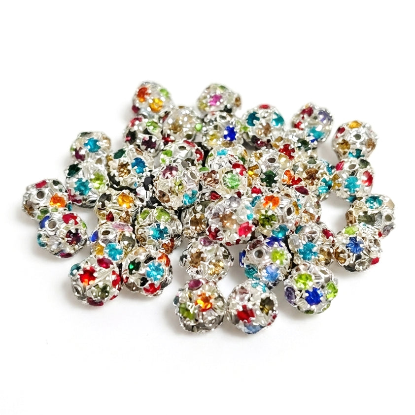 8mm Multicolor Rhinestone Ball Beads – Silver Plated Crystal Spacer Beads for Jewelry Making | 10 Pieces Per Pack