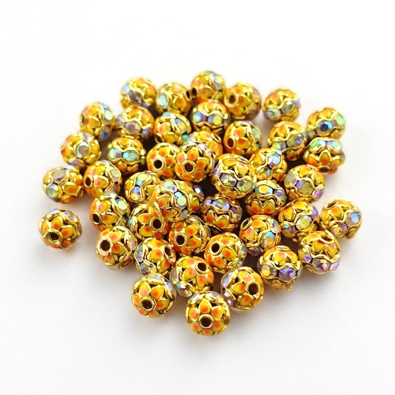 6mm Gold Meenakari Rhinestone Ball Beads – Crystal AB Decorative Spacer Beads | 10 Pieces Pack