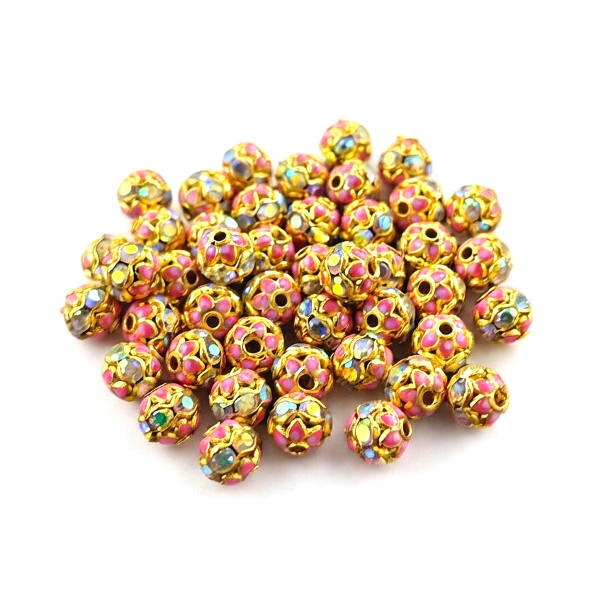6mm Pink Meenakari Rhinestone Ball Beads – Gold Plated Round Jewelry Spacer Beads | 10 Pieces Pack