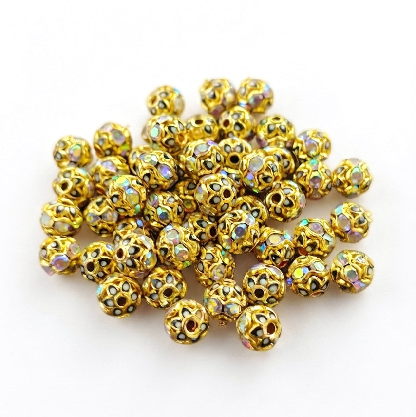 6mm Gold Meenakari Rhinestone Ball Beads | 10 Pieces Pack | Decorative Spacer Beads for Jewelry Making
