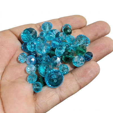 50 Grams Pkg. Aqua Blue shade, Rondelle Faceted Crystal Mix size glass beads Size mostly encluded as 6mm, 8mm, 10mm, to some extent 4mm and 12mm mixed
