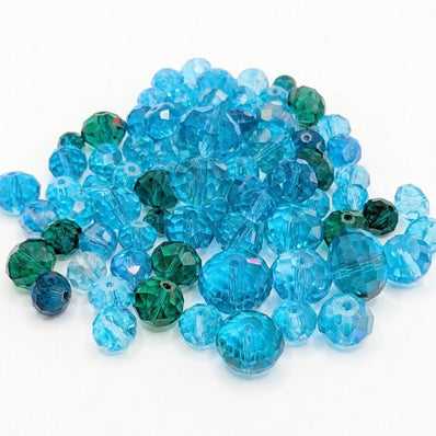 50 Grams Pkg. Aqua Blue shade, Rondelle Faceted Crystal Mix size glass beads Size mostly encluded as 6mm, 8mm, 10mm, to some extent 4mm and 12mm mixed