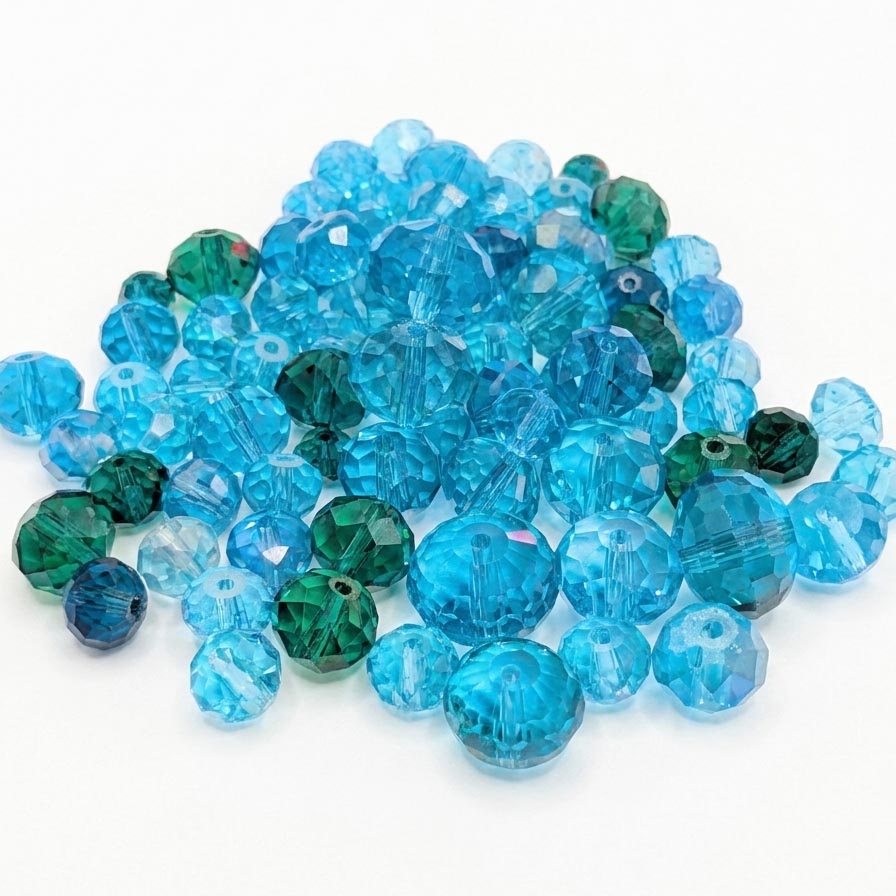 50 Grams Pkg. Aqua Blue shade, Rondelle Faceted Crystal Mix size glass beads Size mostly encluded as 6mm, 8mm, 10mm, to some extent 4mm and 12mm mixed