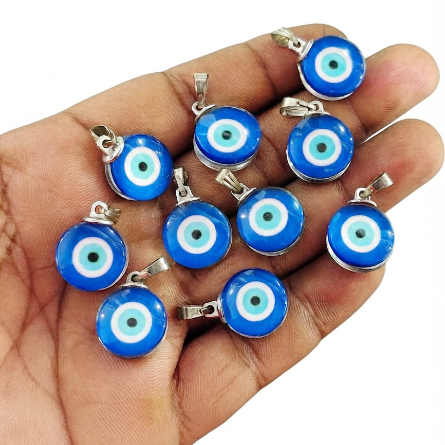 15 mm Blue Evil Eye Acrylic Round Pendant Charm with Metal Bail | Nazar Pendant | 5 Pieces Pack