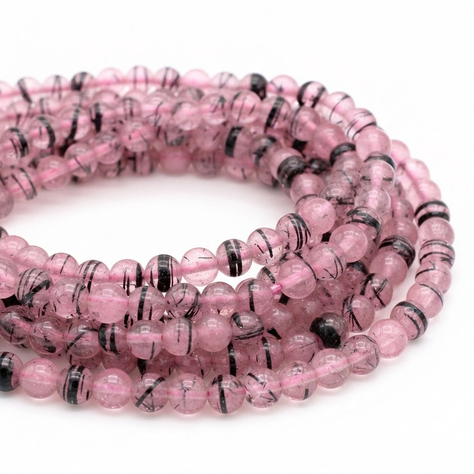 Pink with Black Inclusions Round Dyed Glass Beads - 6 mm, 67-68 Pieces Per Strand