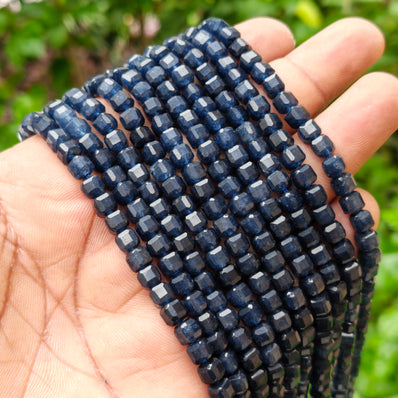 Natural Blue Sapphire Jade Faceted Cube Beads 5.5 mm – 58-60 Beads Per String | Gemstone Beads for Jewelry Making