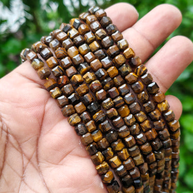 5.5 mm Natural Tiger Eye Faceted Cube Beads Strand | 58–60 Beads Per Line | Golden Brown Gemstone Jewelry Making Beads