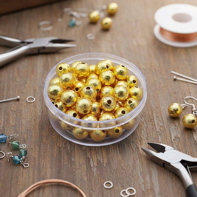 10 PCS PACK 6 MM' GOLD PLATED BRUSHED ROUND BEADS BEST QUALITY