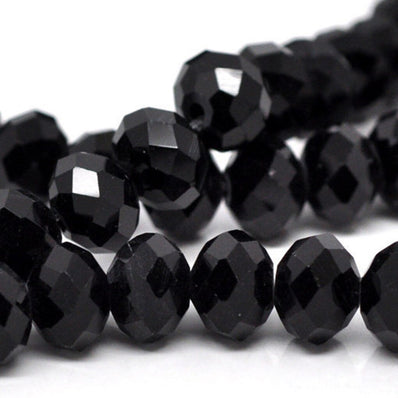 1 STRING/LINE PACK' SIZE APPROX 8x6 MM' BLACK ROUNDEL TYRE CRYSTAL GLASS BEADS