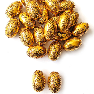 Acrylic Golden Oxidized CCB Metallic Oval Floral Beads 12x19mm | 50 Grams Pack (Approx. 29 Beads)