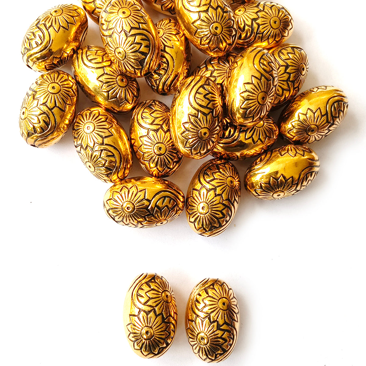 Acrylic Golden Oxidized CCB Metallic Oval Floral Beads 12x19mm | 50 Grams Pack (Approx. 29 Beads)