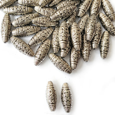 Silver Oxidized CCB Acrylic Metallic Designer Barrel Beads 8x23mm | 50 Grams Pack (Approx. 57 Beads)