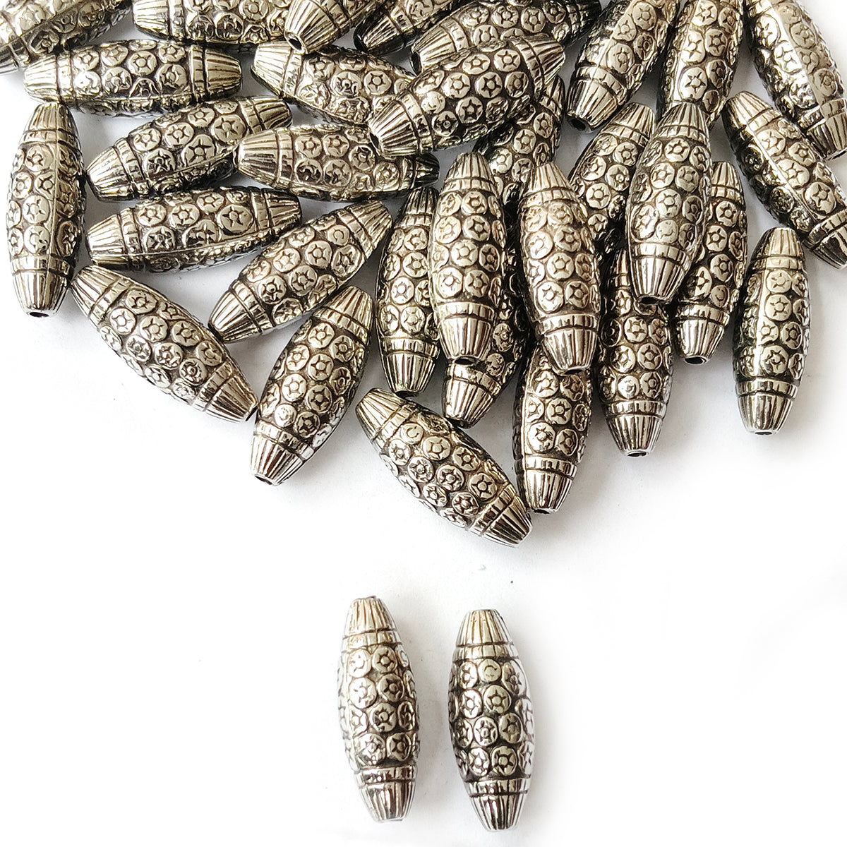 Silver Oxidized CCB Acrylic Metallic Designer Barrel Beads 8x23mm | 50 Grams Pack (Approx. 57 Beads)