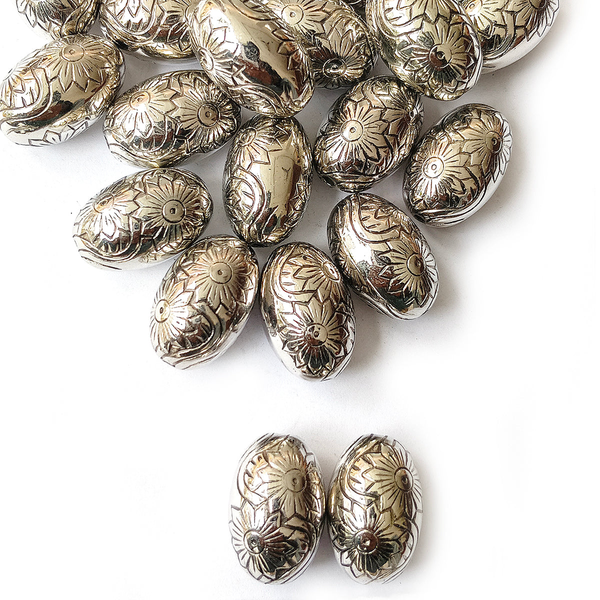Silver Oxidized CCB Acrylic Metallic Oval Designer Beads 12x19mm | 50 Grams Pack (Approx. 29 Beads)