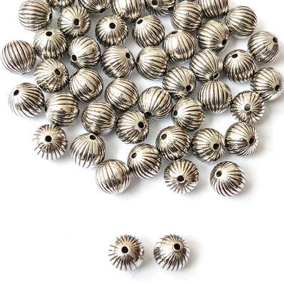 Silver Oxidized CCB Acrylic Metallic Round Ribbed Beads 10mm | 50 Grams Pack (Approx. 96 Beads)