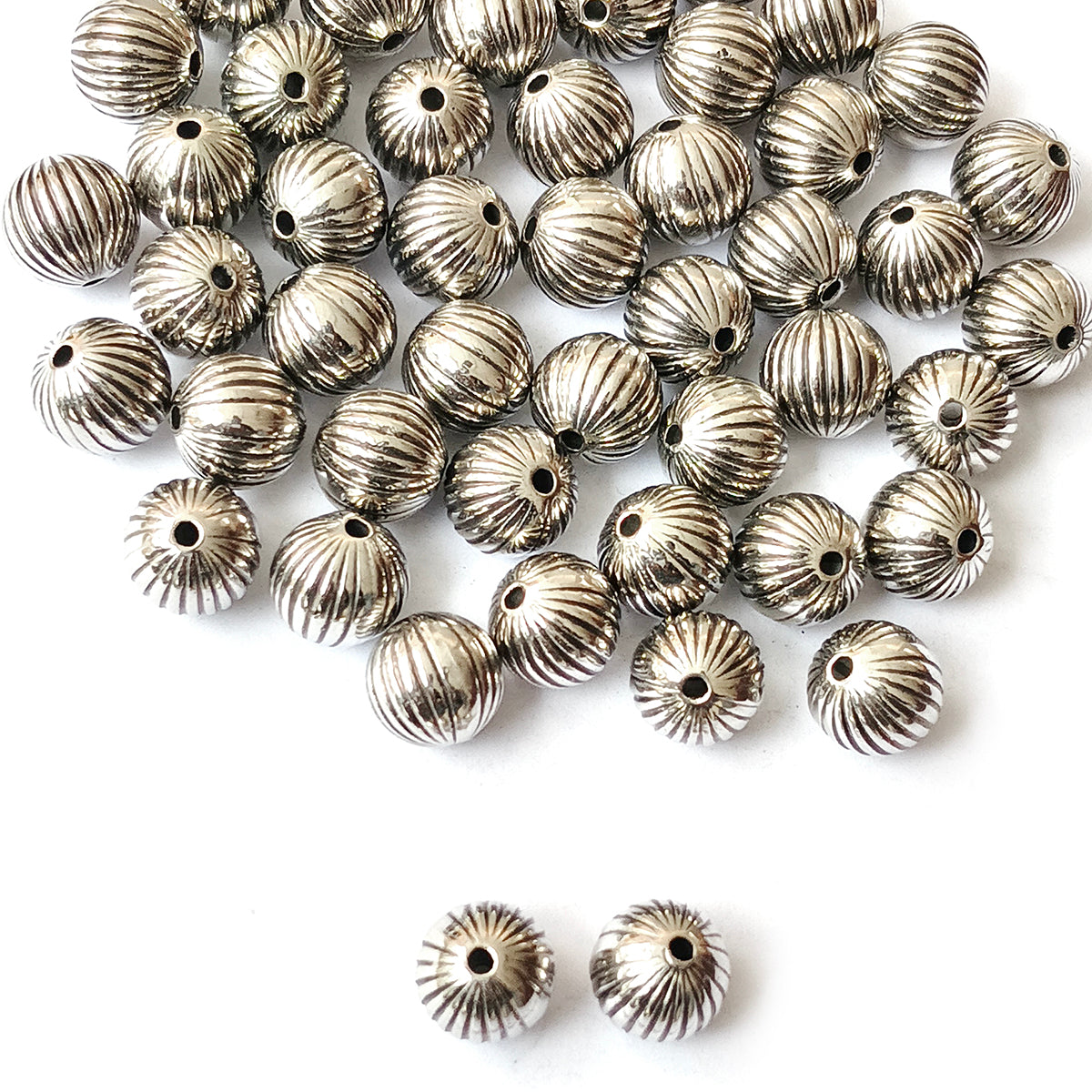 Silver Oxidized CCB Acrylic Metallic Round Ribbed Beads 10mm | 50 Grams Pack (Approx. 96 Beads)