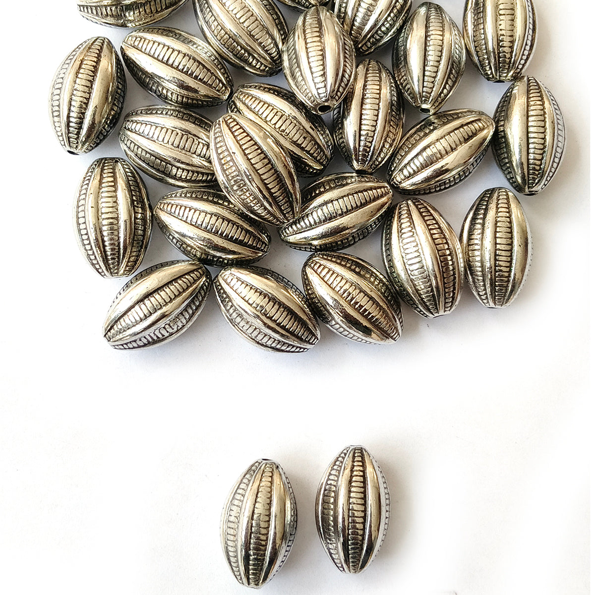 Silver Oxidized CCB Acrylic Metallic Oval Ribbed Beads 13x19mm | 50 Grams Pack (Approx. 34 Beads)